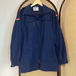 Vintage 80s GMBH Navy Blue Military Jacket‎ Field Coat German Flag Patches Sz L